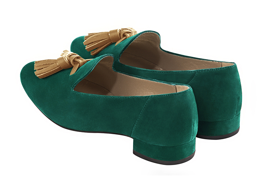 Emerald green and camel beige women's loafers with pompons. Round toe. Flat leather soles. Rear view - Florence KOOIJMAN